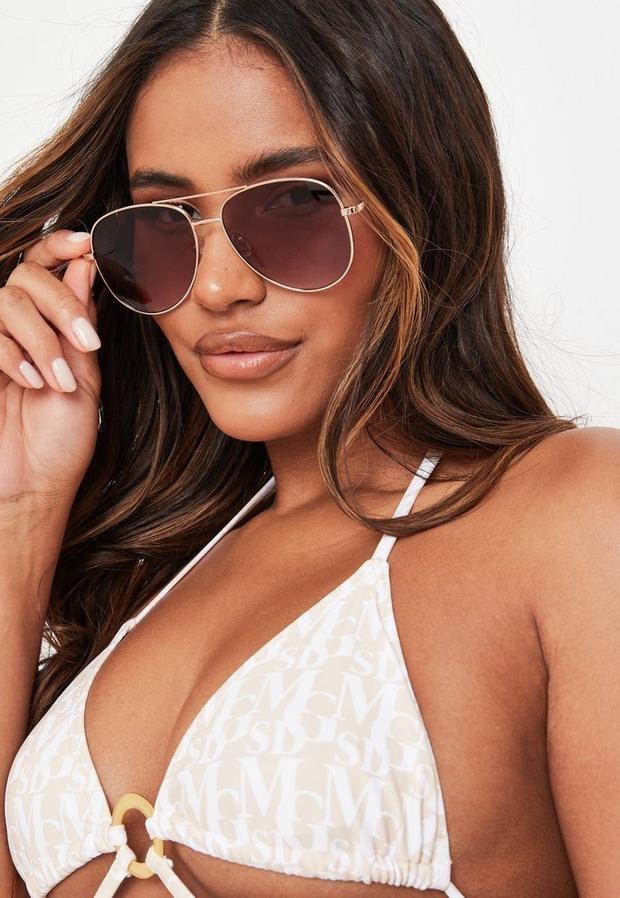 Gold Gold Look Aviator Sunglasses, , large image number 1