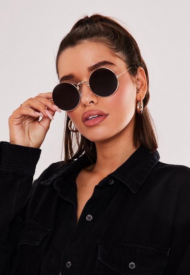 Gold Gold Metal Frame Round Sunglasses, , large image number 1
