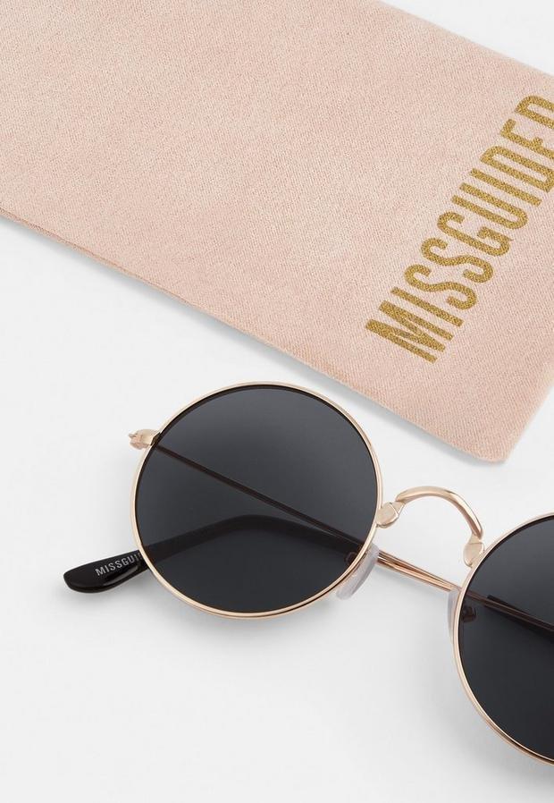 Gold Gold Metal Frame Round Sunglasses, , large image number 3