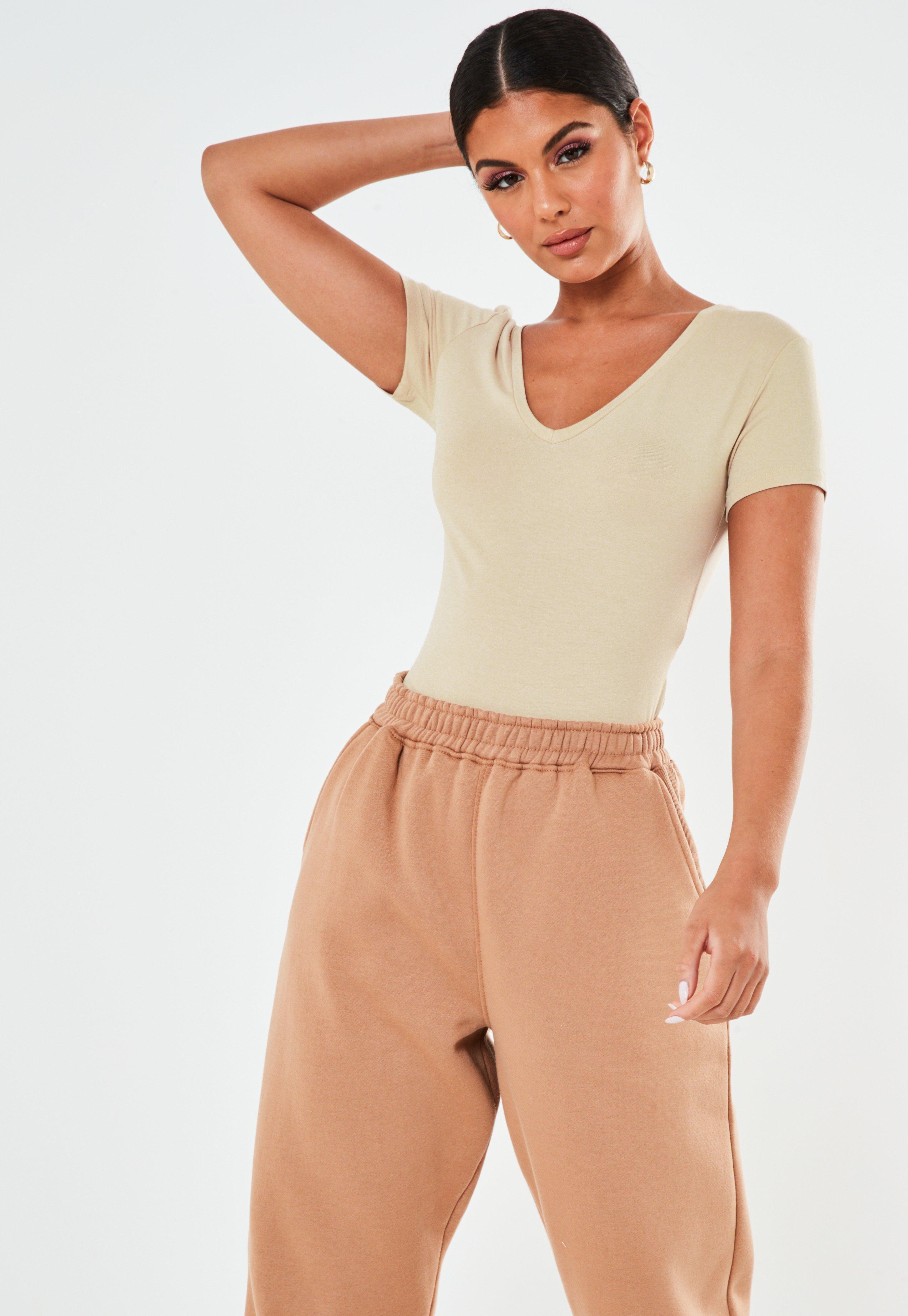 Cream V-Neck Fitted T-Shirt, Women, , large image number 0