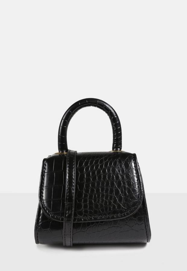 Black Croc Top Handle Cross Body Mini Bag, Women, , large image number 1