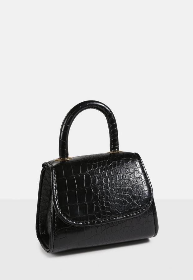 Black Croc Top Handle Cross Body Mini Bag, Women, , large image number 2