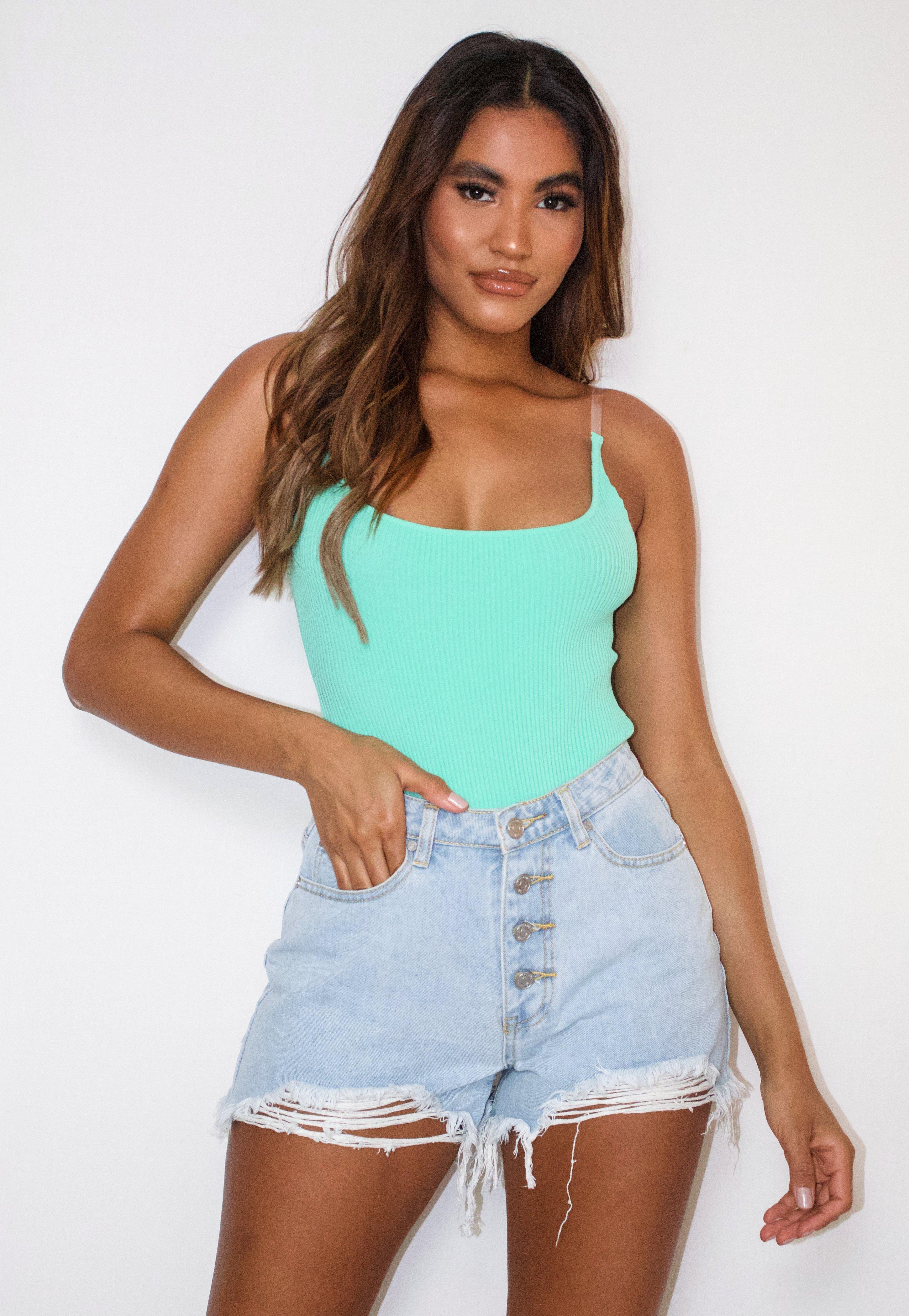 Mint Transparent Strap Knitted Bodysuit, Women, , large image number 1