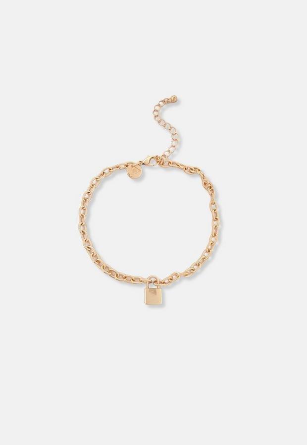 Gold Look Padlock Chain Anklet, Women, , large image number 0