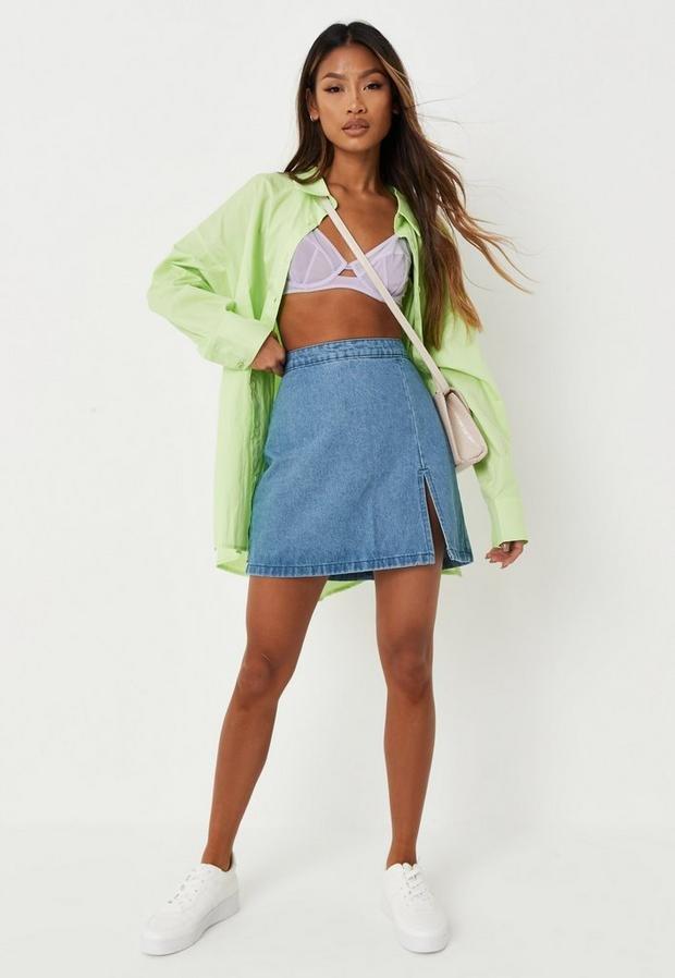 Blue Single Split Denim Mini Skirt, Women, , large image number 0