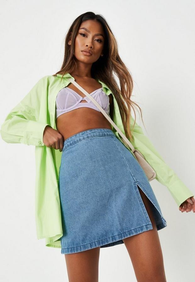 Blue Single Split Denim Mini Skirt, Women, , large image number 1