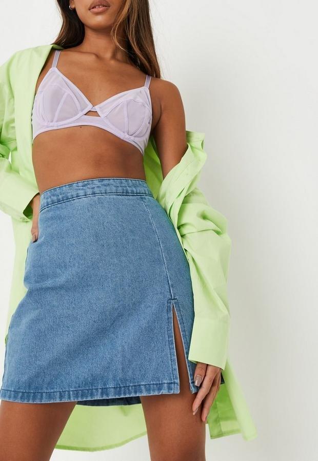 Blue Single Split Denim Mini Skirt, Women, , large image number 2