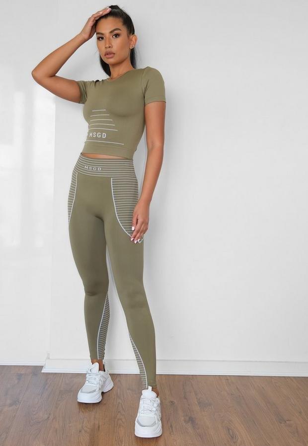 Khaki Seamless Missguided Crop Gym T Shirt, , large image number 0