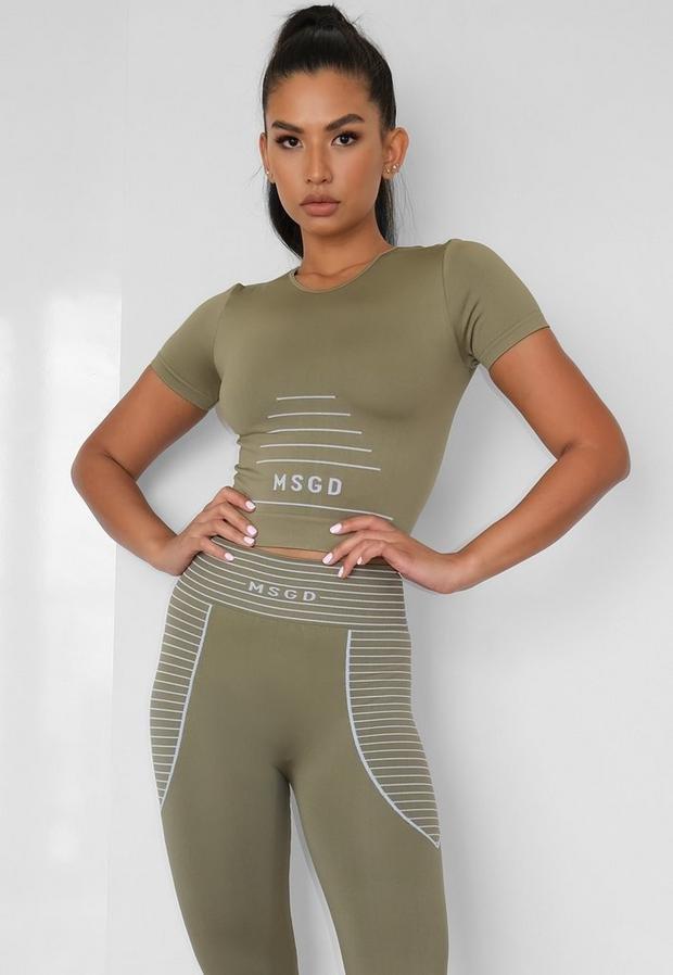 Khaki Seamless Missguided Crop Gym T Shirt, , large image number 1