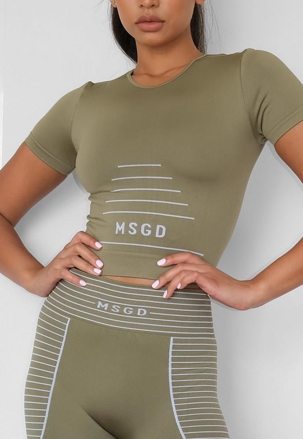 Khaki Seamless Missguided Crop Gym T Shirt, , large image number 2