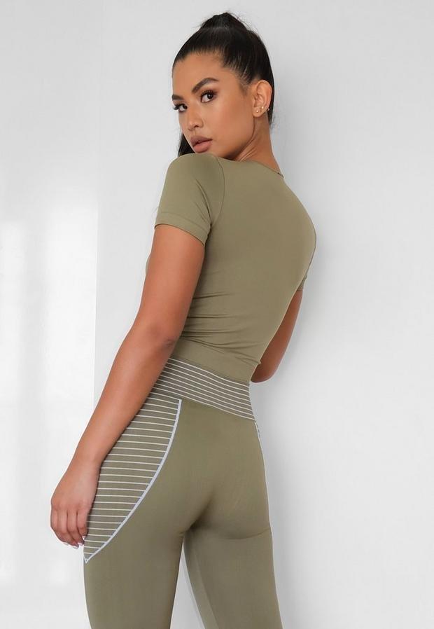Khaki Seamless Missguided Crop Gym T Shirt, , large image number 3