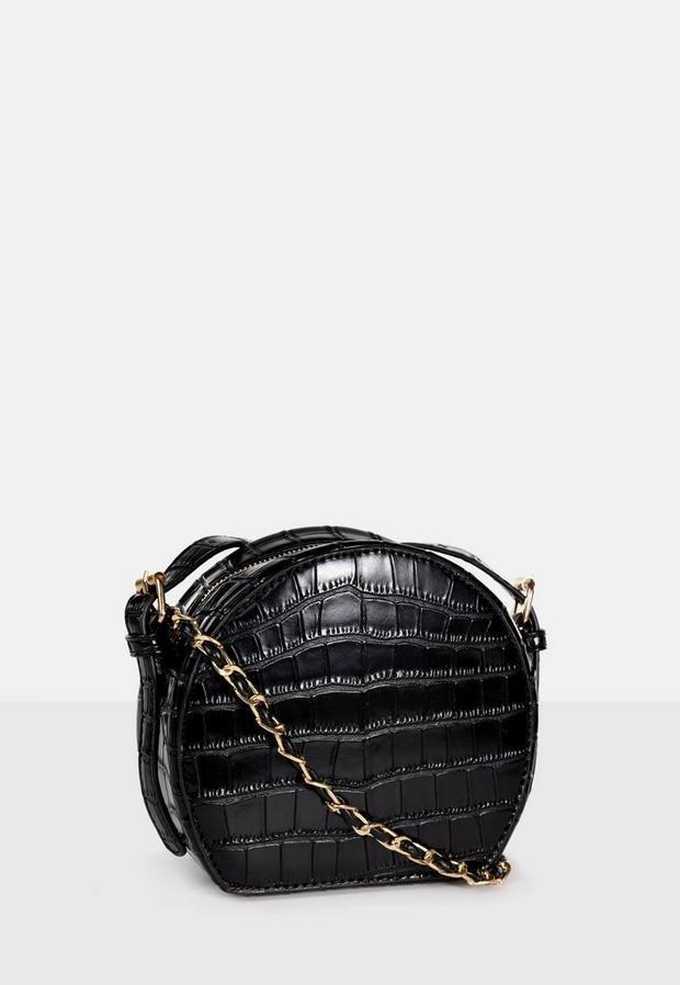 Black Croc Round Cross Body Bag, Women, , large image number 1