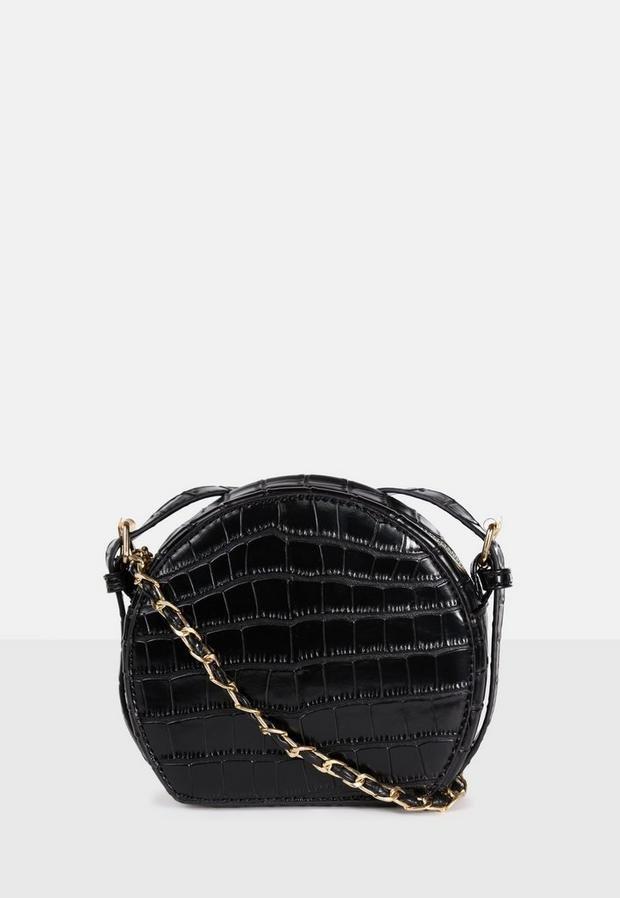 Black Croc Round Cross Body Bag, Women, , large image number 2