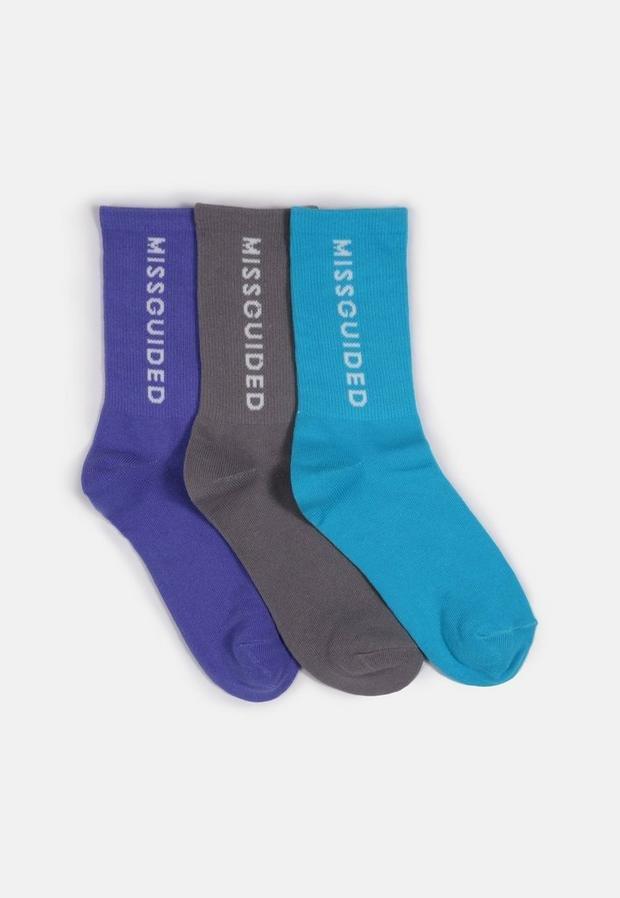 Multi Blue And Grey Missguided Slogan Socks 3 Pack, Women, , large image number 1