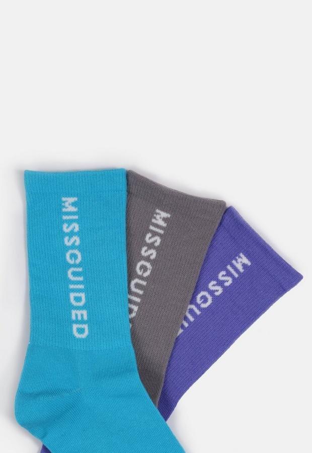 Multi Blue And Grey Missguided Slogan Socks 3 Pack, Women, , large image number 2