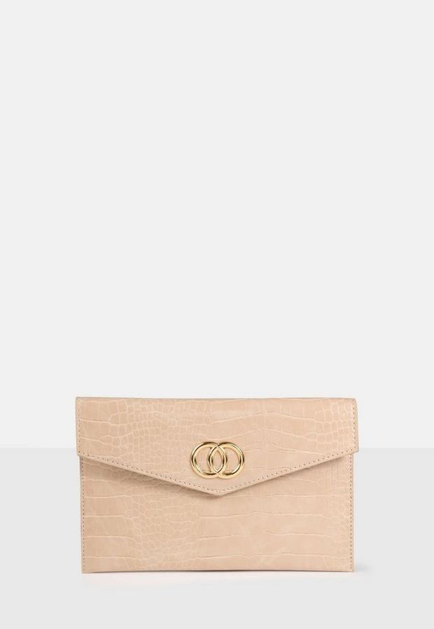 Nude Croc Effect Double Ring Clutch Bag, Women, , large image number 0