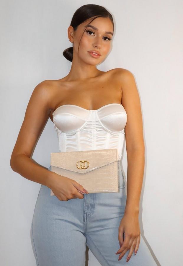 Nude Croc Effect Double Ring Clutch Bag, Women, , large image number 1