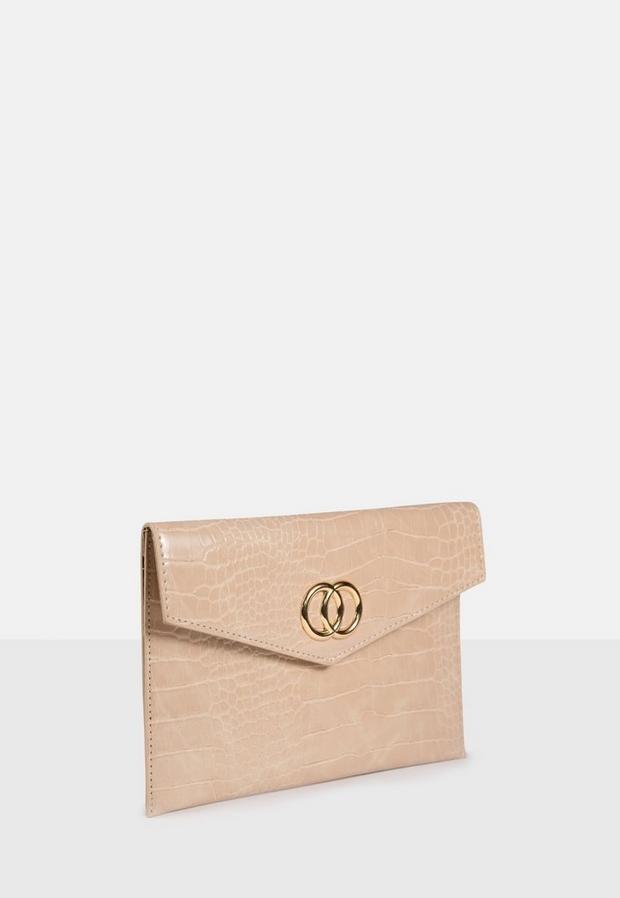 Nude Croc Effect Double Ring Clutch Bag, Women, , large image number 2