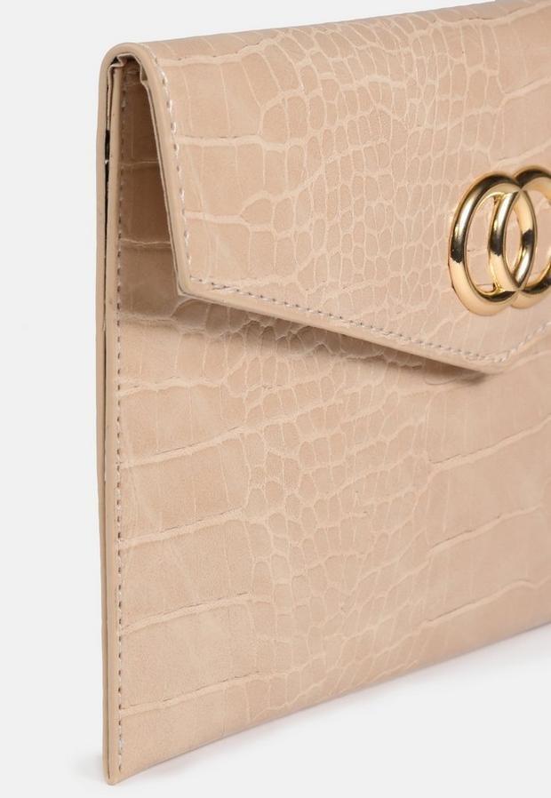 Nude Croc Effect Double Ring Clutch Bag, Women, , large image number 3
