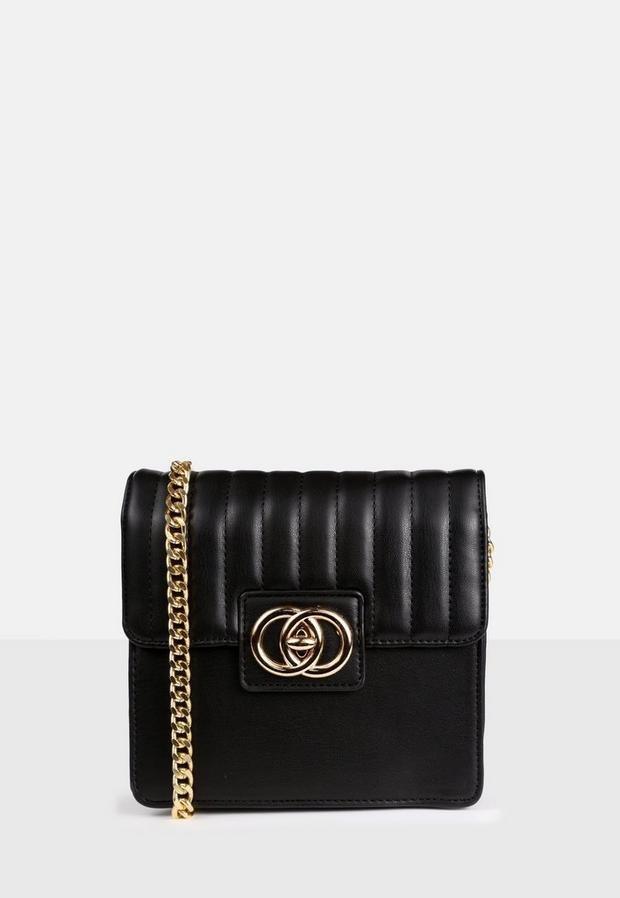 Black Quilted Double Ring Cross Body Bag, Women, , large image number 0