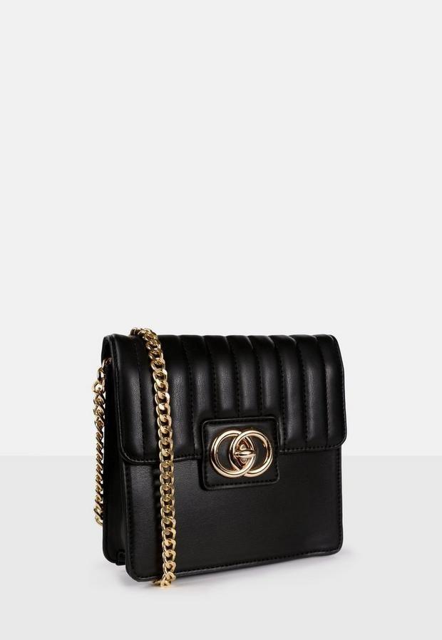 Black Quilted Double Ring Cross Body Bag, Women, , large image number 2