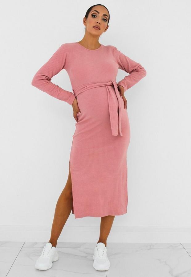 Rose Pink Rose Rib Belted Maternity Midi Dress, Women, , large image number 0