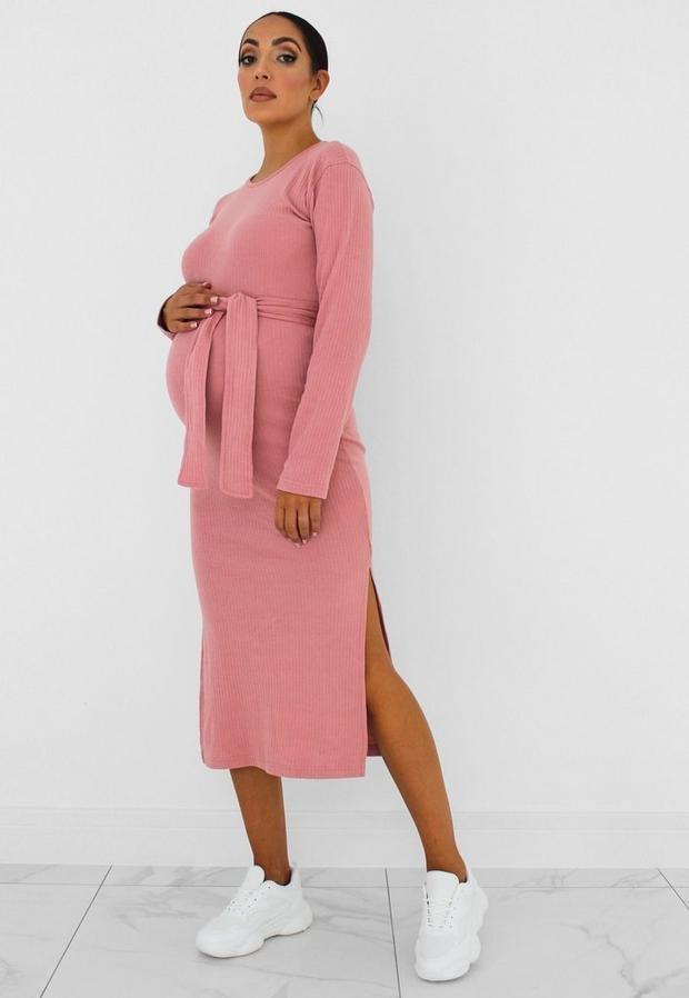 Rose Pink Rose Rib Belted Maternity Midi Dress, Women, , large image number 1