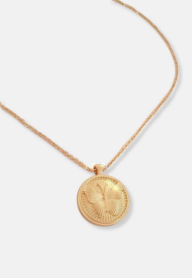 Gold Look Butterfly Coin Pendant Necklace, Women, , large image number 3