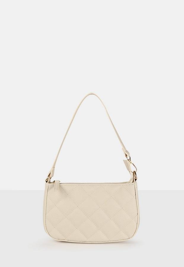 Cream Diamond Quilted Faux Leather Shoulder Bag, Women, , large image number 0