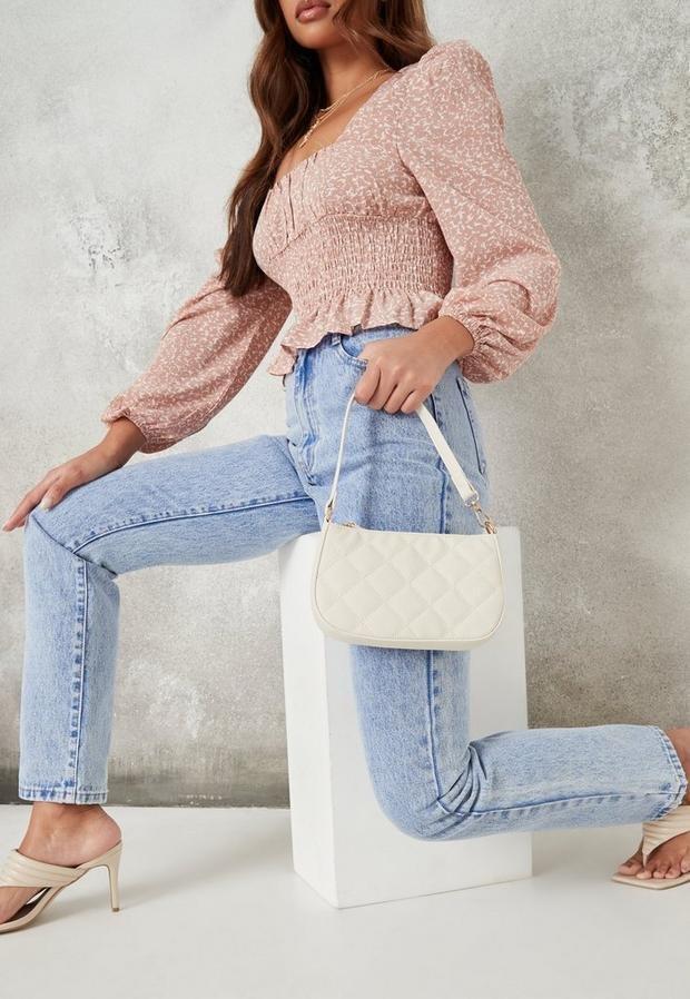 Cream Diamond Quilted Faux Leather Shoulder Bag, Women, , large image number 1