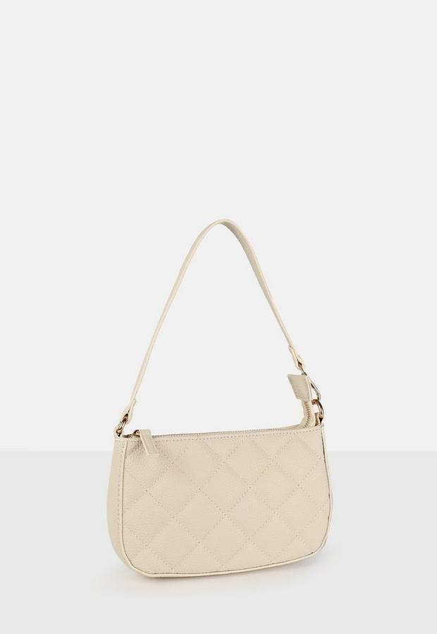 Cream Diamond Quilted Faux Leather Shoulder Bag, Women, , large image number 2