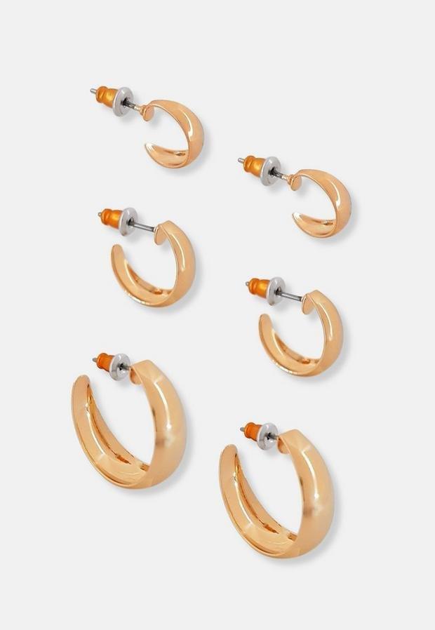 Gold Look Chunky Hoop Earrings 3 Pack, Women, , large image number 1