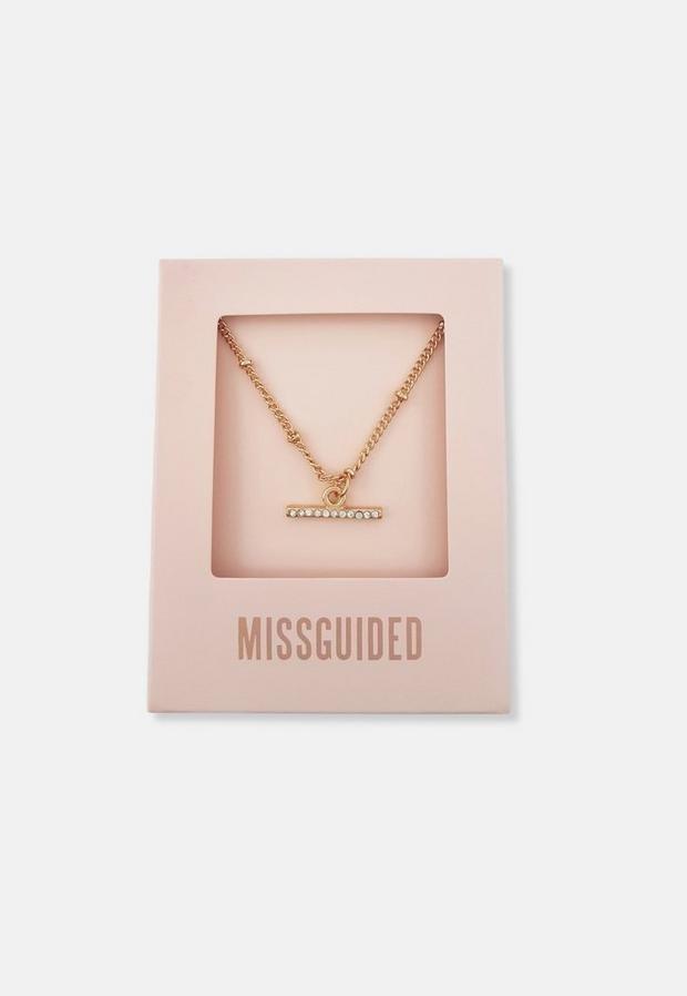 Gold Look Gift T Bar Diamante Pendant Necklace, Women, , large image number 0
