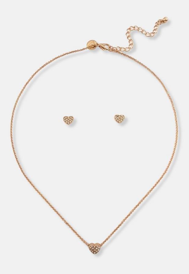 Gold Look Diamante Heart Stud Earrings And Necklace Gift Set, Women, , large image number 1