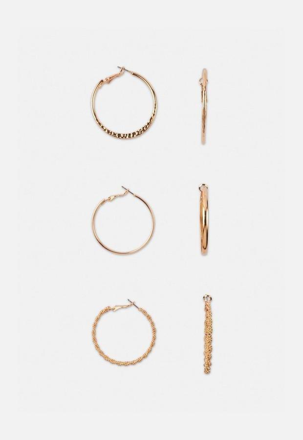 Gold Look Thin Hoop Earrings 3 Pack, Women, , large image number 1