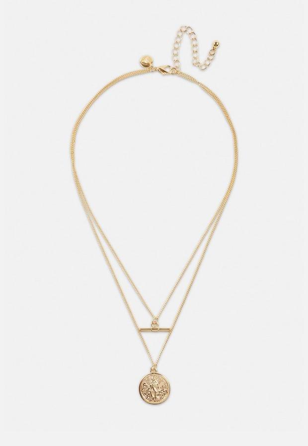 Gold Look T Bar 2 Row Coin Pendant Necklace, Women, , large image number 0