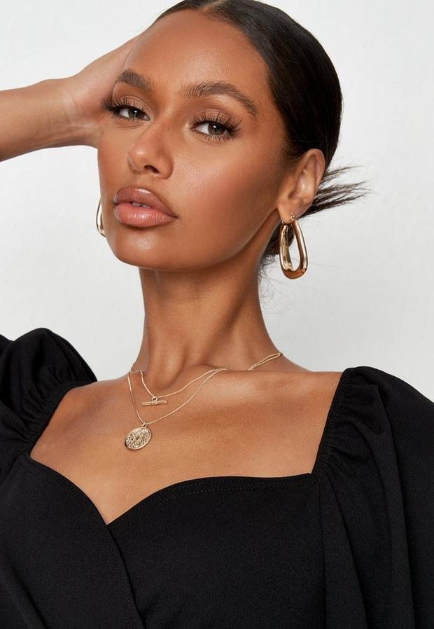 Gold Look T Bar 2 Row Coin Pendant Necklace, Women, , large image number 1