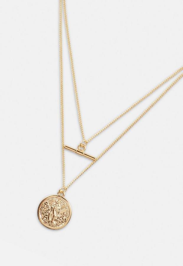 Gold Look T Bar 2 Row Coin Pendant Necklace, Women, , large image number 2