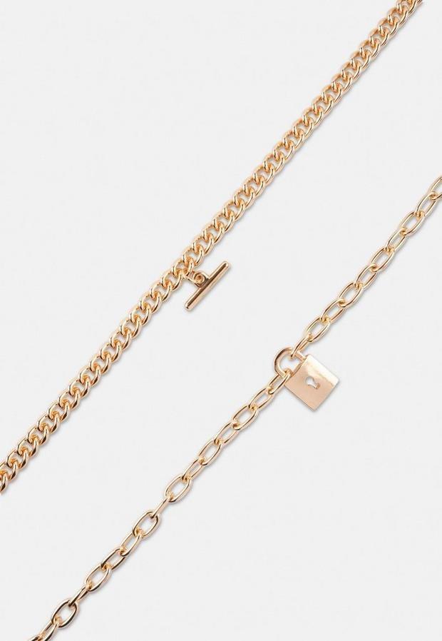 Gold Look Padlock And T Bar Necklaces 2 Pack, Women, , large image number 2