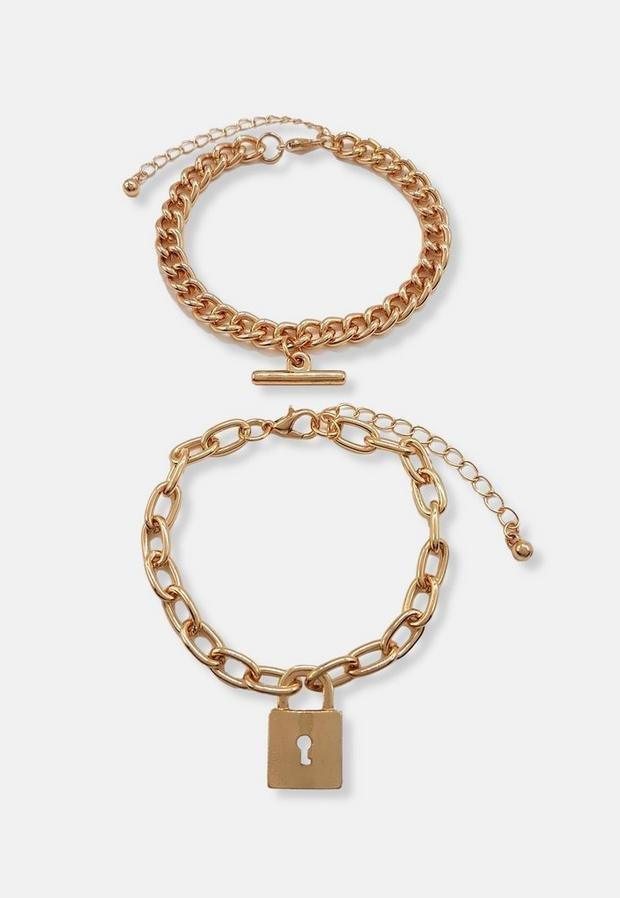 Gold Look T Bar And Padlock Chain Bracelet 2 Pack, Women, , large image number 1