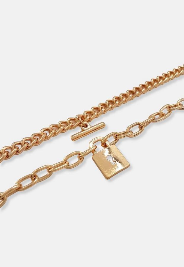 Gold Look T Bar And Padlock Chain Bracelet 2 Pack, Women, , large image number 2