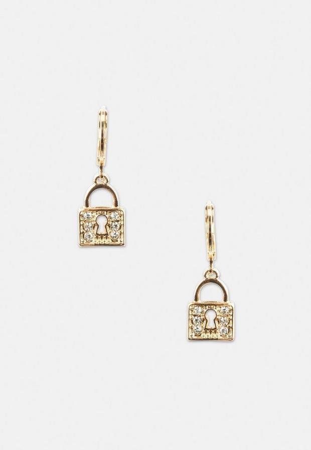 Gold Look Pave Padlock Huggie Hoop Earrings, Women, , large image number 0