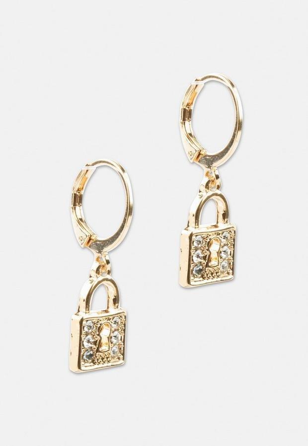 Gold Look Pave Padlock Huggie Hoop Earrings, Women, , large image number 2