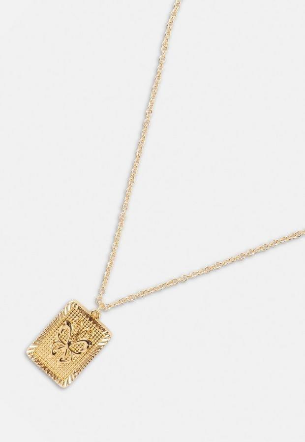 Gold Look Butterfly Tag Pendant Necklace, Women, , large image number 0