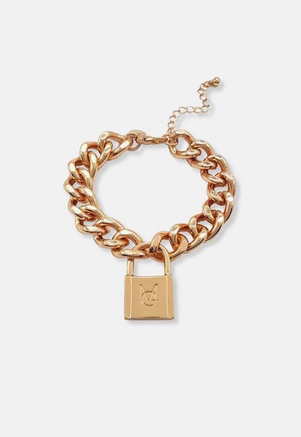 Gold Look Missguided Lock Chain Bracelet, , large image number 0
