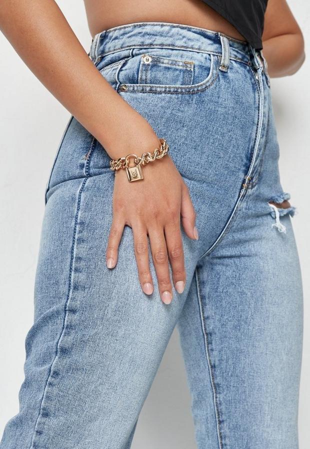 Gold Look Missguided Lock Chain Bracelet, , large image number 1