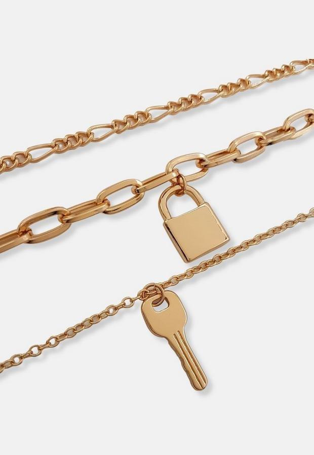 Gold Look Key Padlock Layered Necklace, Women, , large image number 0