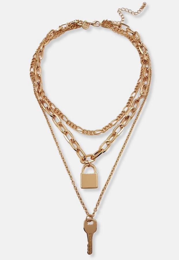 Gold Look Key Padlock Layered Necklace, Women, , large image number 1