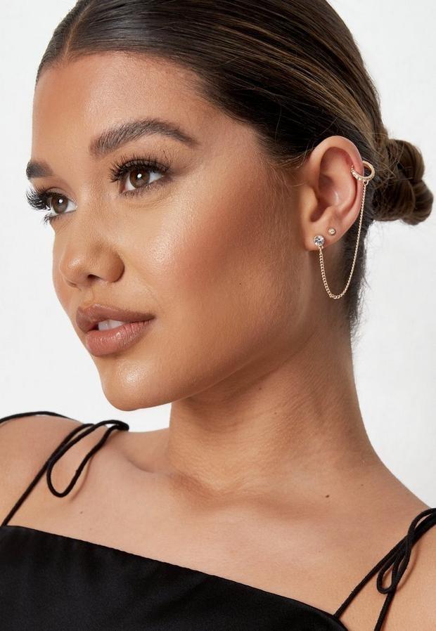 Gold Look Draped Ear Party Set, Women, , large image number 0