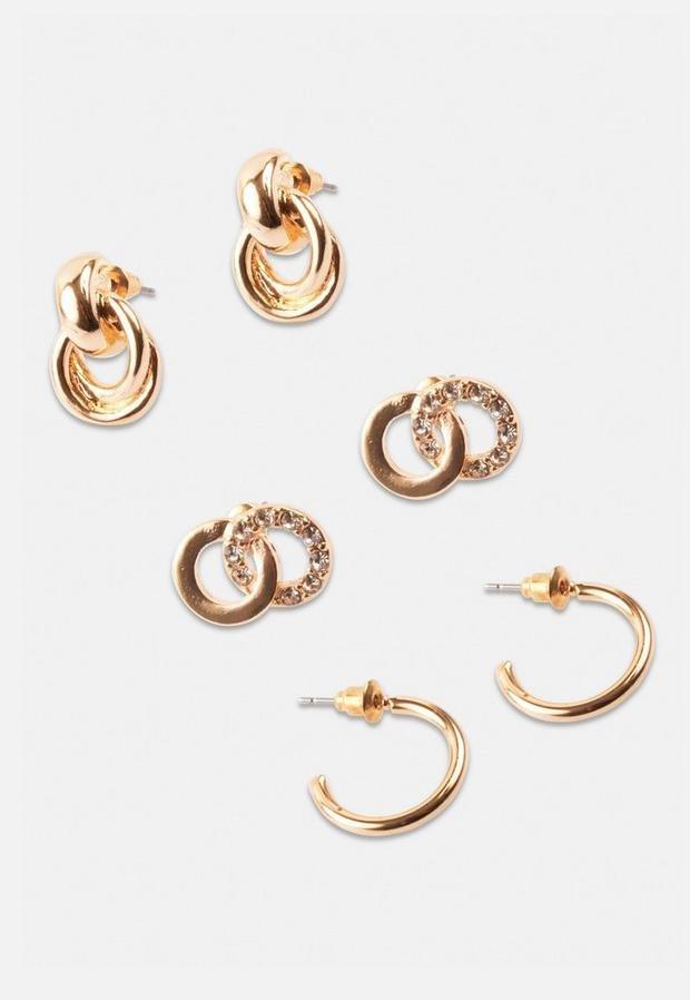 Gold Look Mixed Stud Earrings 3 Pack, Women, , large image number 2